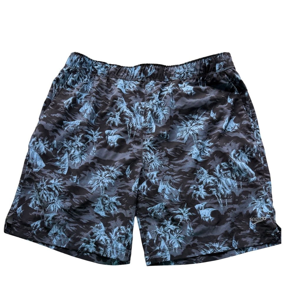 Speedo Mens Tropical Palm Print Swim‎ Trunks Large Blue Black Board Shorts Beach